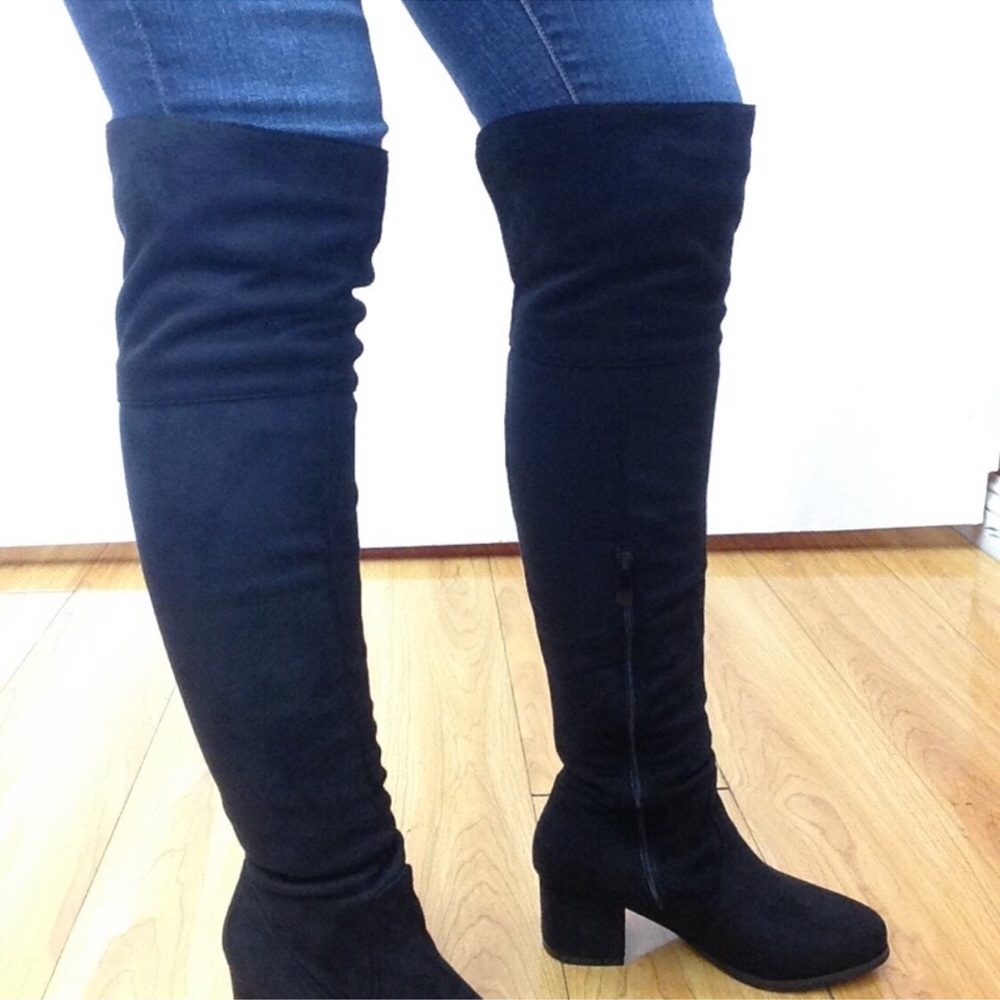 Black Color Over knee heeled boots Block Heel - Picture 5 of 6
